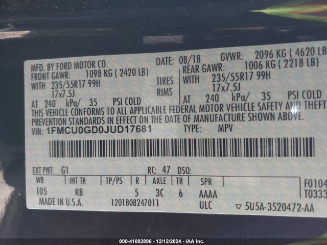 Ford ESCAPE SE 2018 1FMCU0GD0JUD17681 Image 9