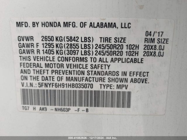 5FNYF6H91HB035070 Honda Pilot Touring