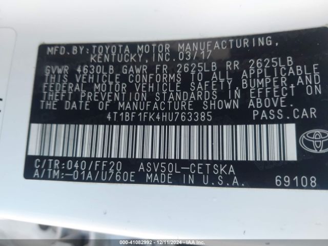 4T1BF1FK4HU763385 Toyota CAMRY SE