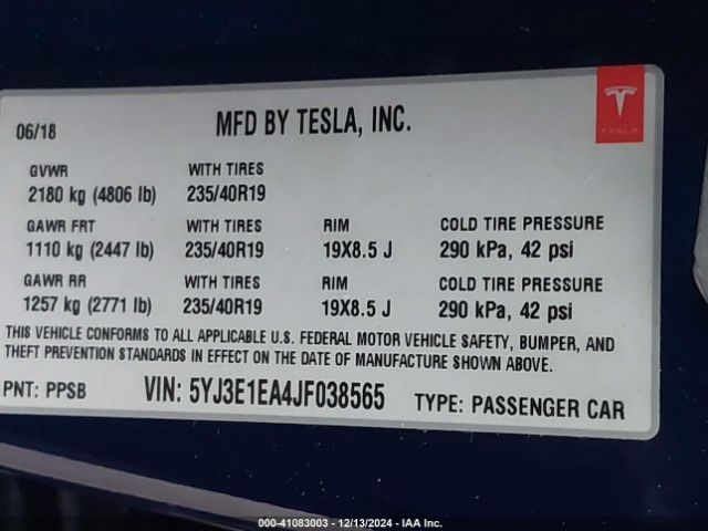 5YJ3E1EA4JF038565 Tesla Model 3 Long Range/mid Range