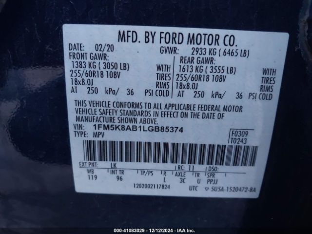 1FM5K8AB1LGB85374 Ford Police Interceptor Utility