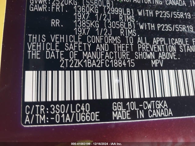 2T2ZK1BA2FC188415 Lexus RX 350
