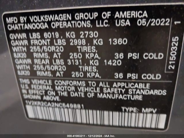 1V2KR2CA2NC549881 Volkswagen Atlas 3.6l V6 Se W/technology