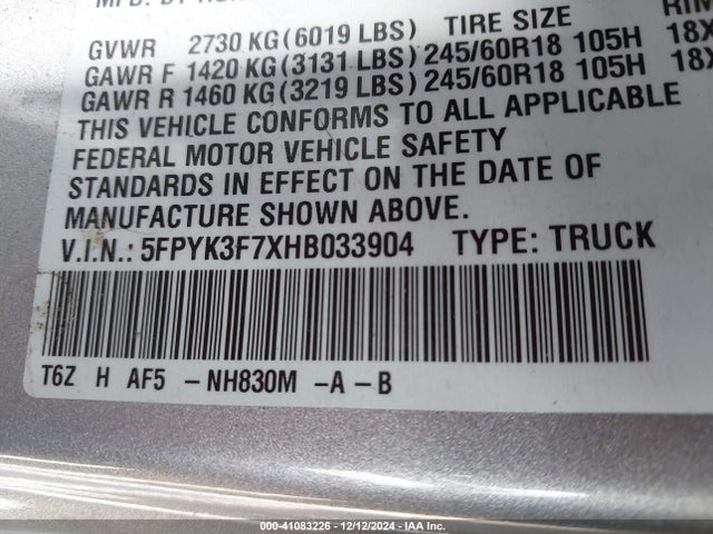Honda Ridgeline Rtl-e 2017 5FPYK3F7XHB033904 Image 9
