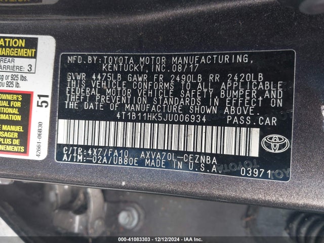 4T1B11HK5JU006934 Toyota CAMRY LE