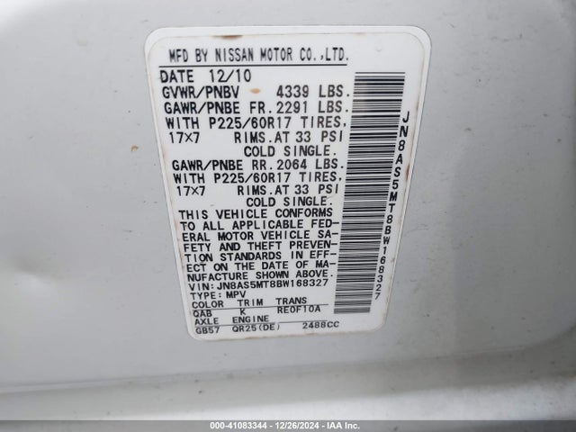 2011 Nissan Rogue Sv მანქანა იყიდება აუქციონზე, vin: JN8AS5MT8BW168327, აუქციონის ნომერი: 41083344
