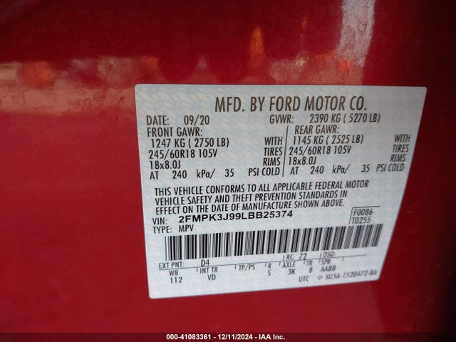 Ford EDGE SEL 2020 2FMPK3J99LBB25374 Image 9