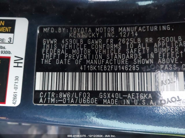 Toyota Avalon Xle Premium 2015 4T1BK1EB2FU146285 Image 9