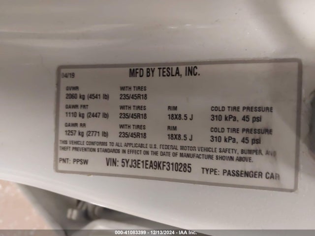 2019 TESLA MODEL 3 5YJ3E1EA9KF310285 Photo 8
