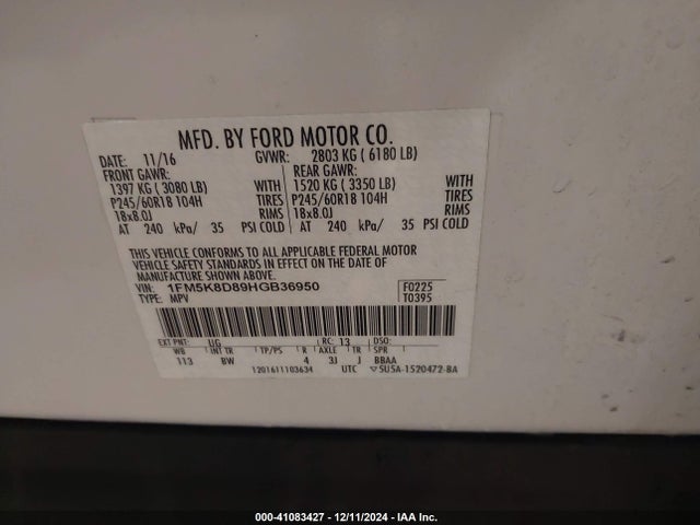 1FM5K8D89HGB36950 Ford EXPLORER XLT