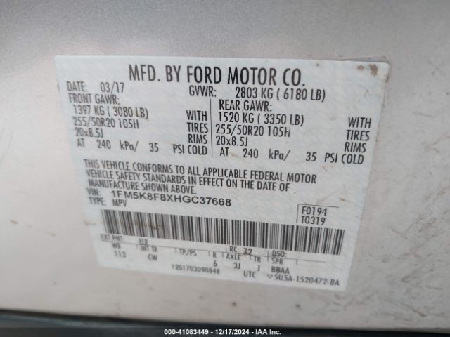 1FM5K8F8XHGC37668 Ford Explorer Limited