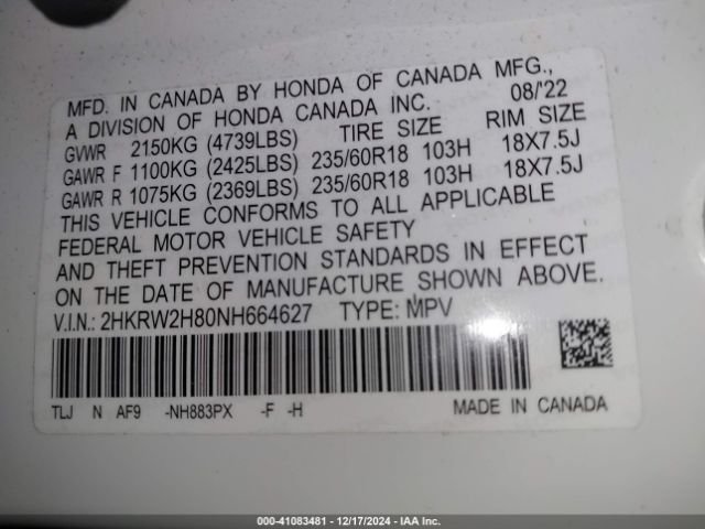 2022 HONDA CR-V 2HKRW2H80NH664627 Photo 8