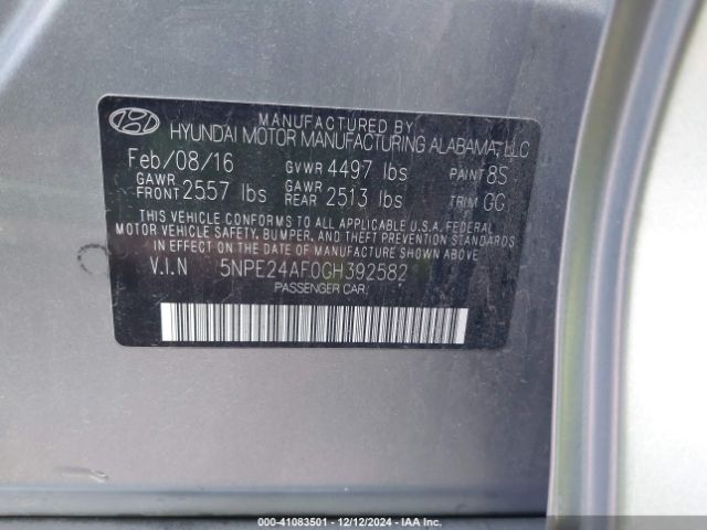5NPE24AF0GH392582 Hyundai Sonata