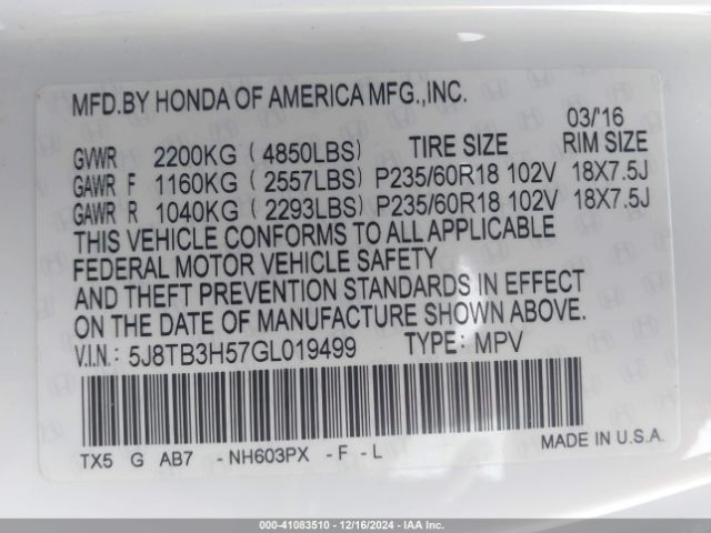 5J8TB3H57GL019499 Acura Rdx Technology   Acurawatch Plus Packages/technology Package