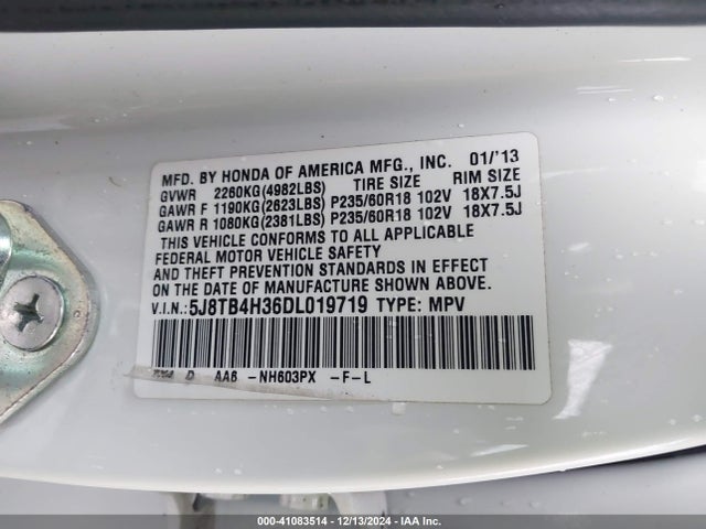 41083514 :رقم المزاد ، 5J8TB4H36DL019719 vin ، 2013 Acura Rdx مزاد بيع