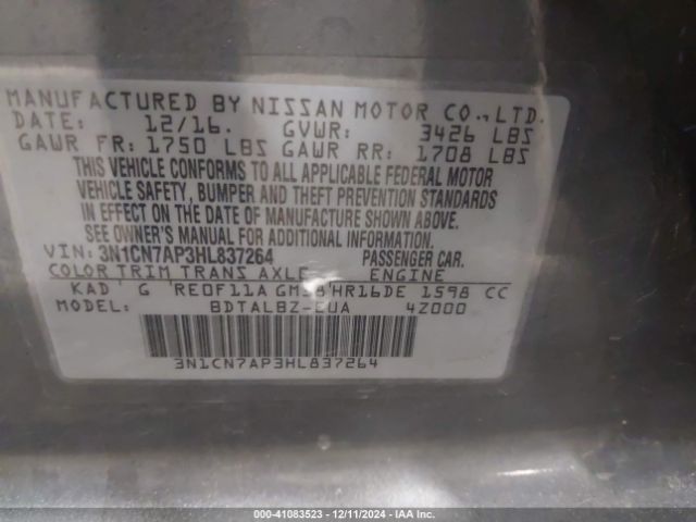 3N1CN7AP3HL837264 Nissan Versa 1.6 Sv