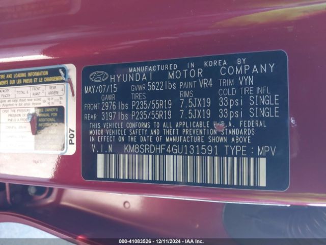 KM8SRDHF4GU131591 Hyundai Santa Fe Limited