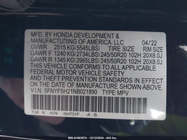 Honda Pilot 2wd Special Edition 2022 5FNYF5H21NB021890 Image 9