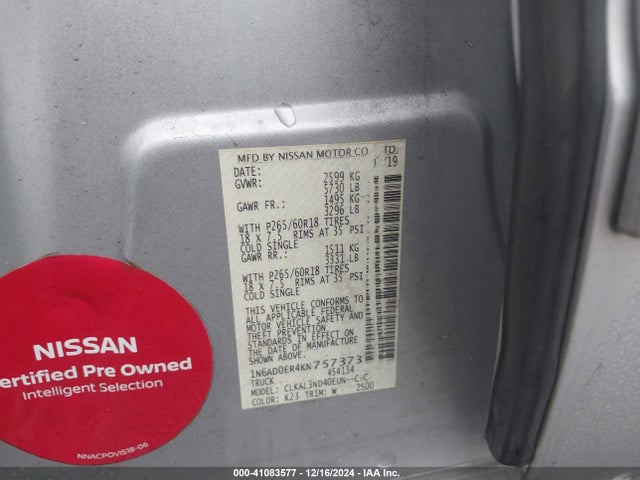 Nissan Frontier Sl 2019 1N6AD0ER4KN757373 Image 9