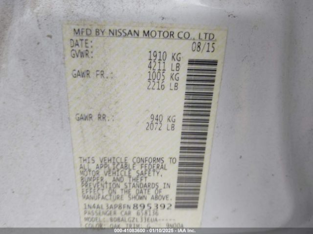 1N4AL3AP8FN895392 Nissan Altima 2.5/2.5 S/2.5 Sl/2.5 Sv