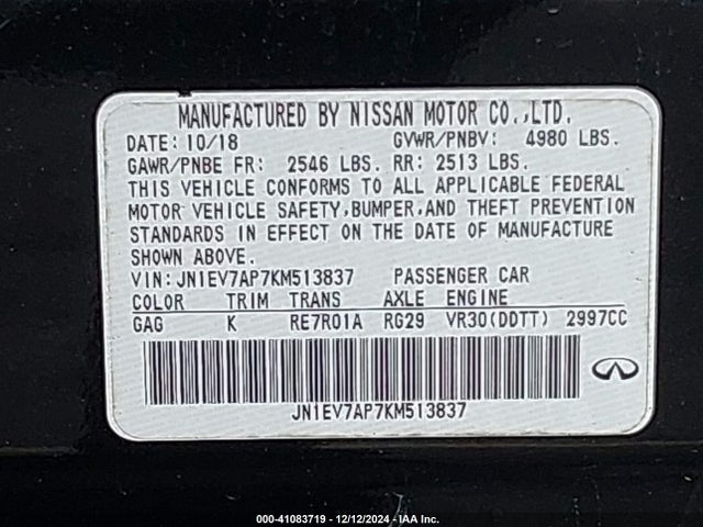 JN1EV7AP7KM513837 Infiniti Q50 3.0t Luxe