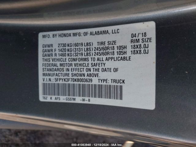 5FPYK3F70KB003639 Honda Ridgeline Rtl-e