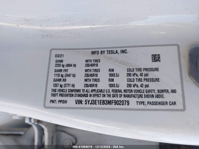 2021 TESLA MODEL 3 5YJ3E1EB3MF902079 Photo 8