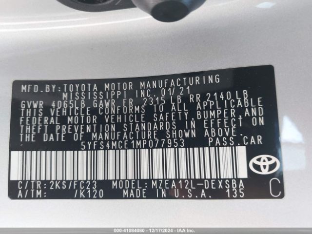 5YFS4MCE1MP077953 Toyota COROLLA SE