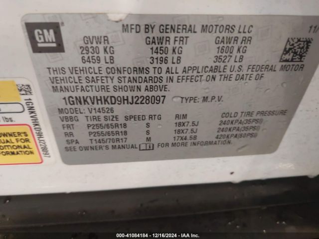 1GNKVHKD9HJ228097 Chevrolet Traverse 2lt