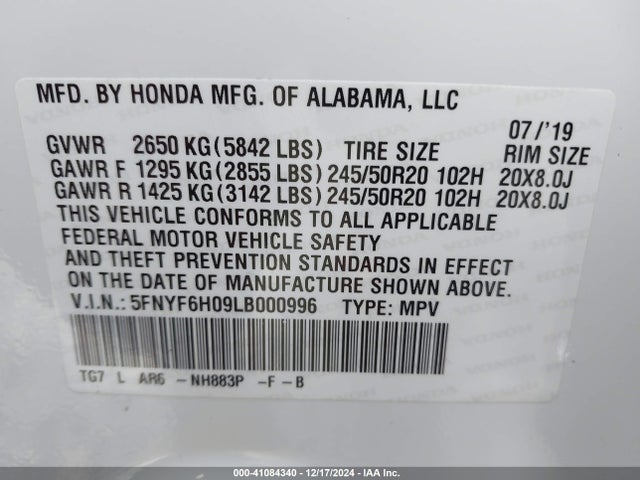Honda Pilot Awd Elite 2020 5FNYF6H09LB000996 Image 9