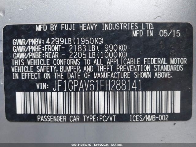 JF1GPAV61FH288141 Subaru Impreza 2.0i Sport Limited