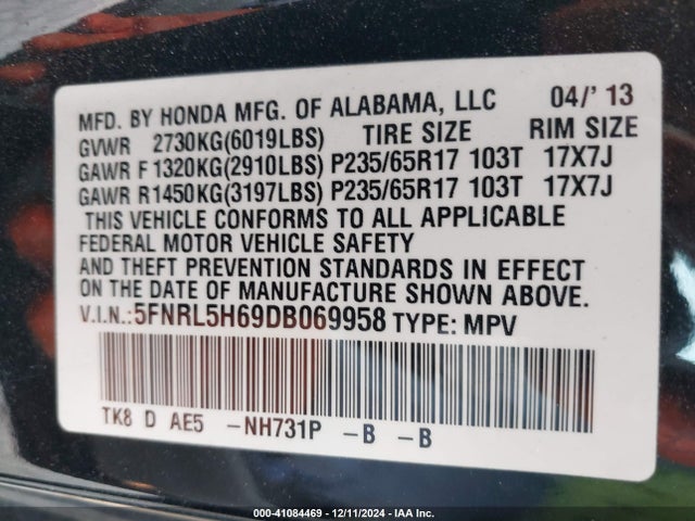 Продаж на аукціоні авто 2013 Honda Odyssey Ex-l, vin: 5FNRL5H69DB069958, номер лоту: 41084469