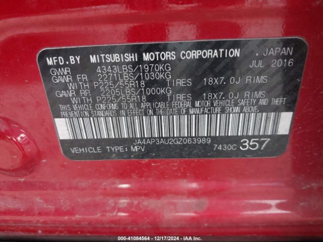 JA4AP3AU2GZ063989 Mitsubishi Outlander Sport 2.0 Es