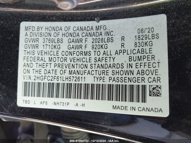 Honda Civic Lx 2020 2HGFC2F61LH572611 Image 9