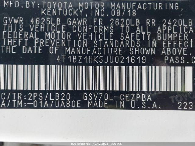 4T1BZ1HK5JU021619 Toyota Camry Xse V6