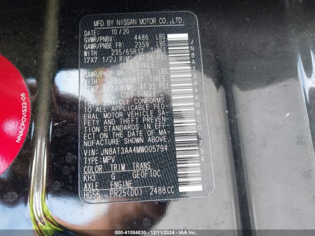 JN8AT3AA4MW005794 Nissan Rogue S Fwd