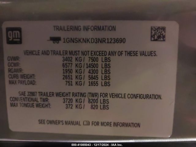 1GNSKNKD3NR123690 Chevrolet Tahoe 4wd Lt