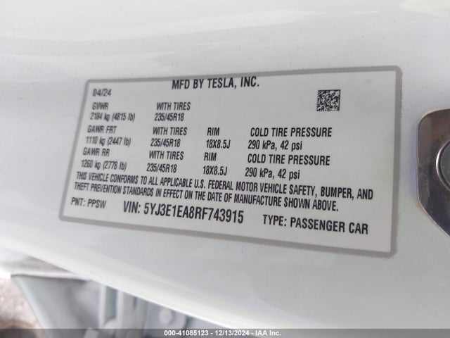 2024 TESLA MODEL 3 5YJ3E1EA8RF743915 Photo 8