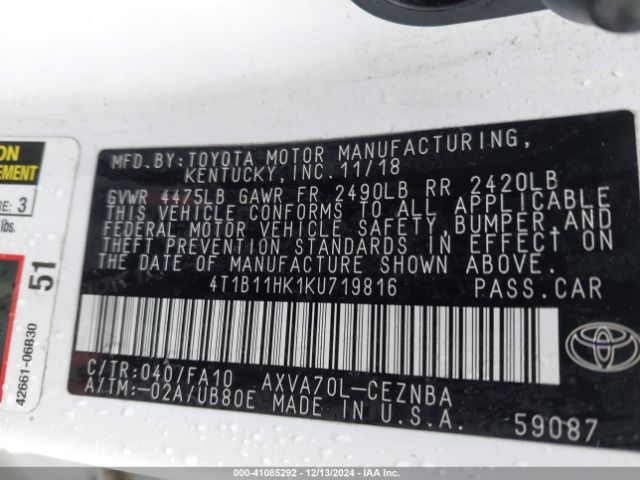 4T1B11HK1KU719816 Toyota CAMRY LE