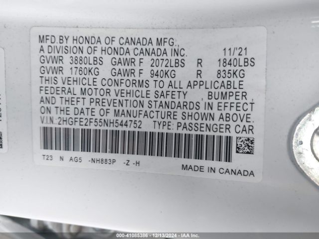 2HGFE2F55NH544752 Honda Civic Sport