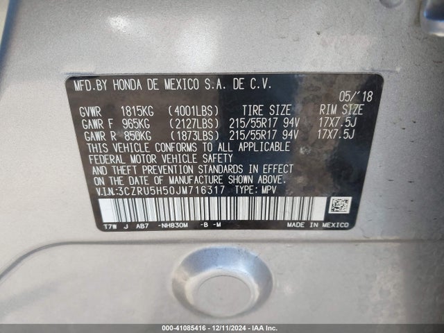 Honda HR-V EX 2018 3CZRU5H50JM716317 Image 9