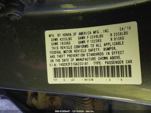 Honda ACCORD LX 2016 1HGCR2F31GA200181 Image 9