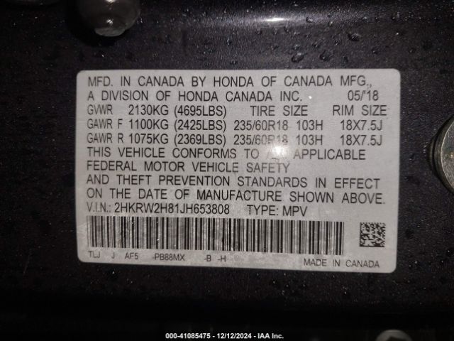 2HKRW2H81JH653808 Honda Cr-v Ex-l/ex-l Navi