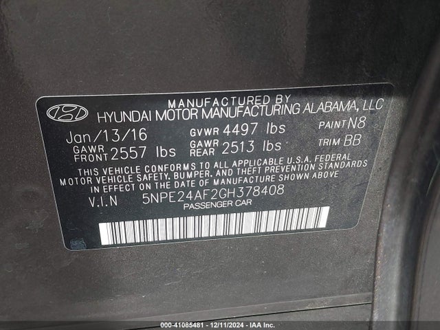 Продажа на аукционе авто 2016 Hyundai Sonata Se, vin: 5NPE24AF2GH378408, номер лота: 41085481