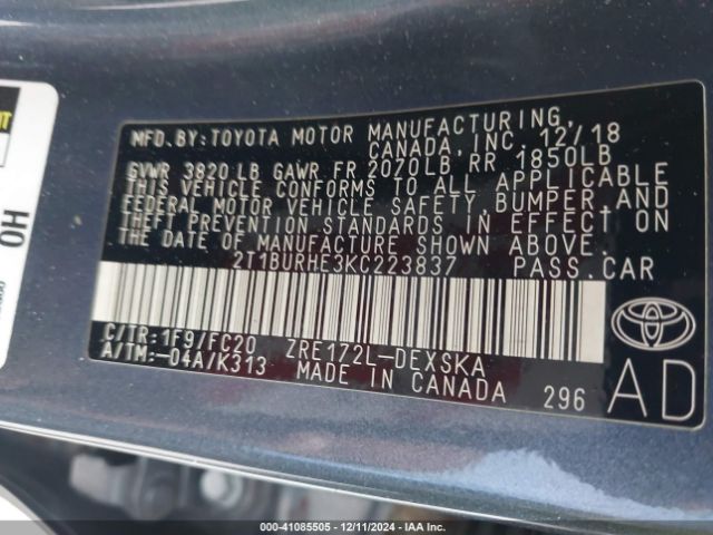 2T1BURHE3KC223837 Toyota COROLLA SE