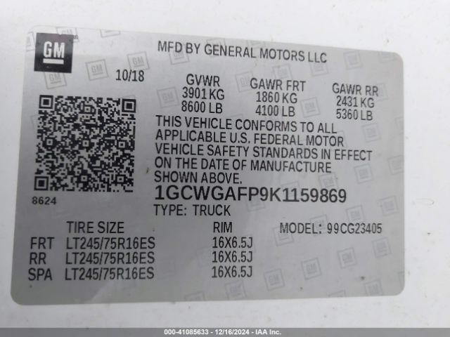 1GCWGAFP9K1159869 Chevrolet Express 2500 Work Van