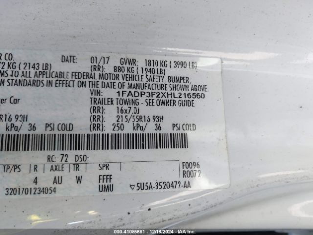 1FADP3F2XHL216560 Ford FOCUS SE