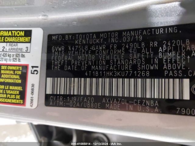 4T1B11HK3KU771268 Toyota CAMRY LE