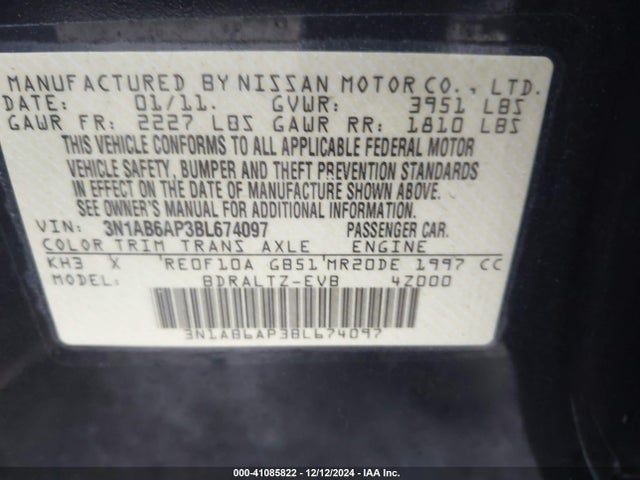 Продажа на аукционе авто 2011 Nissan Sentra 2.0sr, vin: 3N1AB6AP3BL674097, номер лота: 41085822