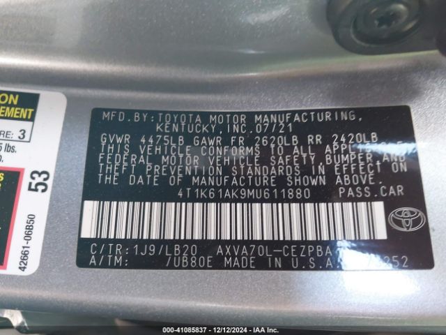4T1K61AK9MU611880 Toyota CAMRY XSE